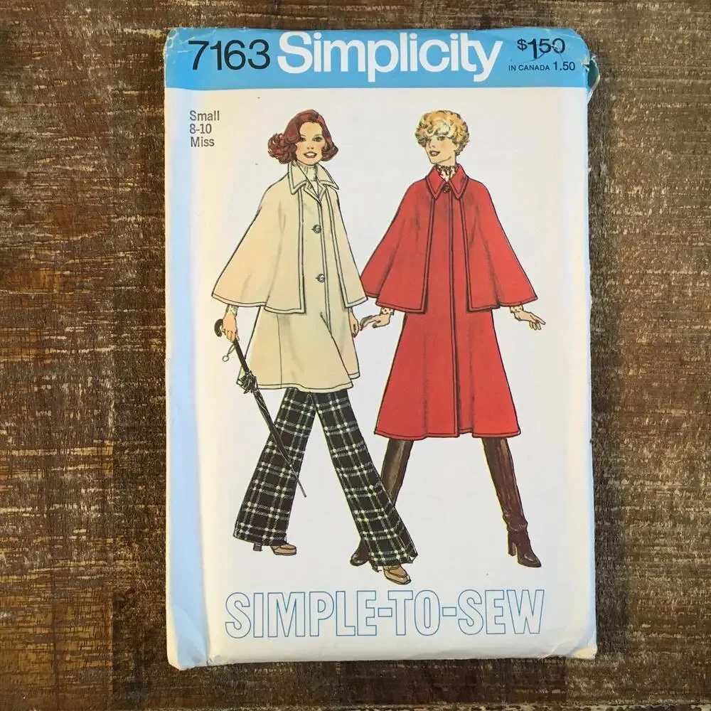 Simplicity Sewing Pattern 7163 Unlined Cape Coat 70s Jacket Small 8-10 UNCUT VTG